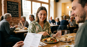 Femme végétarienne qui consulte un menu au restaurant sans stress