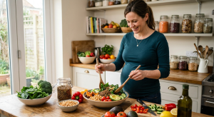 Femme enceinte végétarienne préparant un repas équilibré avec légumineuses et légumes verts