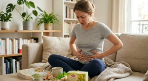 Femme assise sur un canapé souffrant de ballonnements et troubles digestifs végétariens