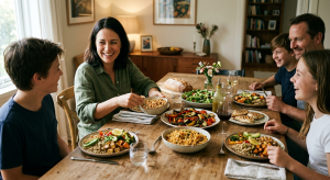 Repas en famille autour d'une grande table avec une assiette végétarienne équilibrée