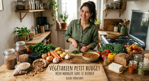 Femme souriante dans une cuisine prépare un repas végétarien entourée de légumineuses, légumes frais et céréales complètes — manger végétarien petit budget