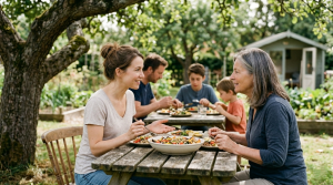 Femme végétarienne qui parle de son alimentation en famille autour d'un repas en plein air