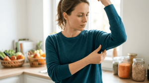 Femme végétarienne préoccupée par sa perte de muscle et sa silhouette flasque