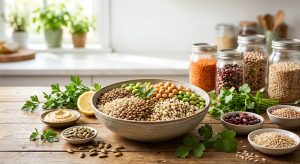 Bol de lentilles, quinoa, pois chiches et edamame illustrant l'association céréales légumineuses