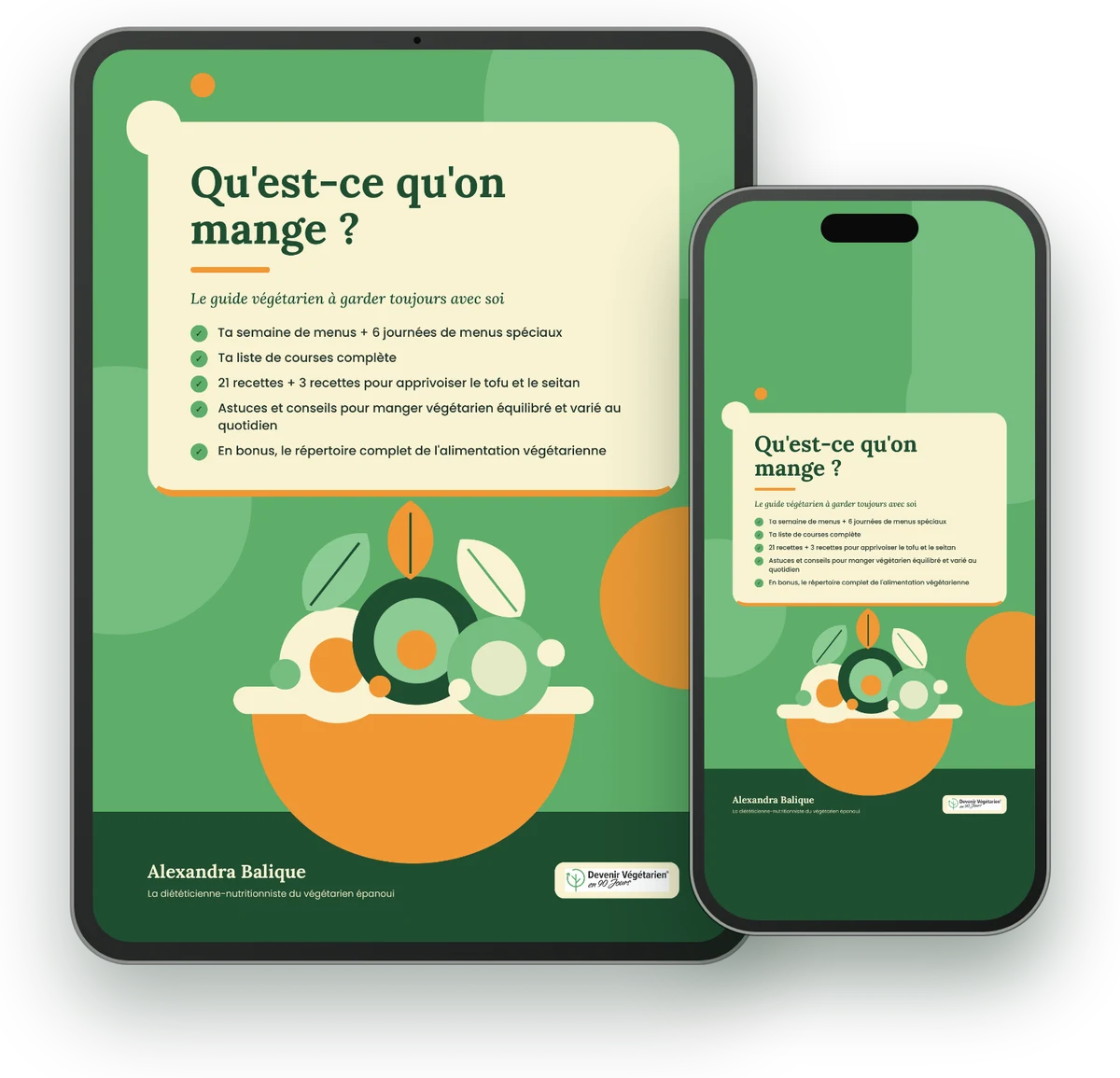 Ebook de menus végétariens « Qu'est-ce qu'on mange ? » affiché sur une tablette et un téléphone